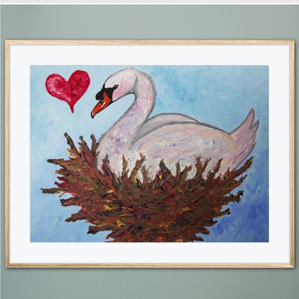 Swan’s Love Art Print Oil Painting Whimsical Colorful Bird Nest Home Decor Heart